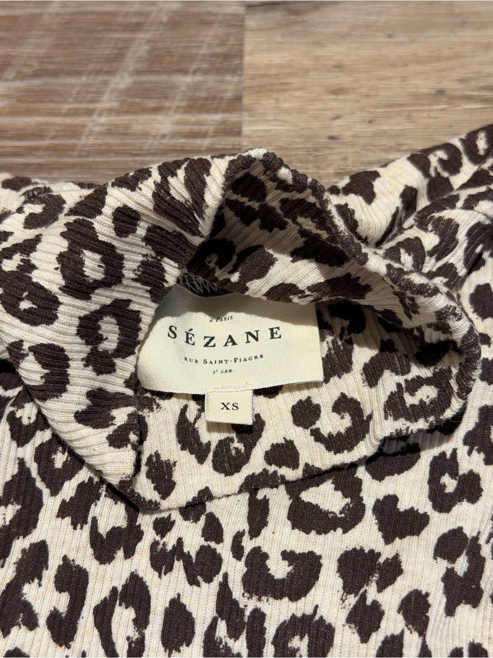 Sezane Cream and Brown Leopard Print Ribbed Top